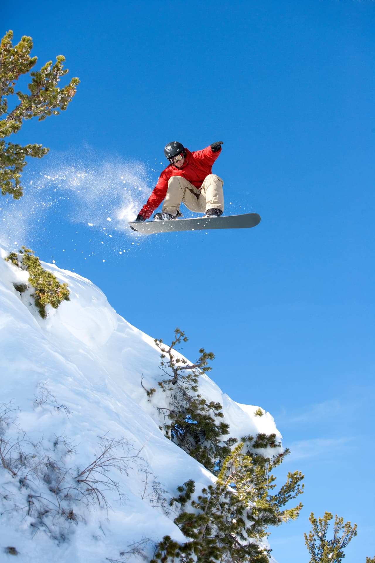 Snowboarder launching a side hit among snow-covered trees